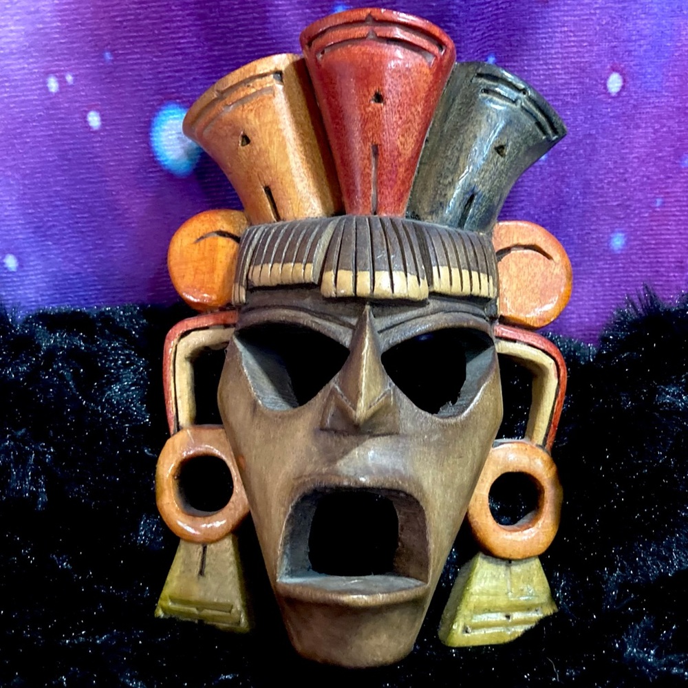 Hand Carved Mayan Wood Mask Aztec Incan Tribal Primitive Wall Decor - Picture 10 of 12